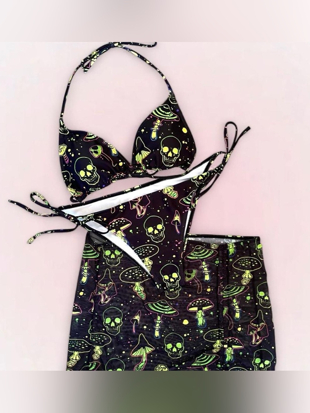 Neon Skull & Mushroom 3 Piece Bikini Set